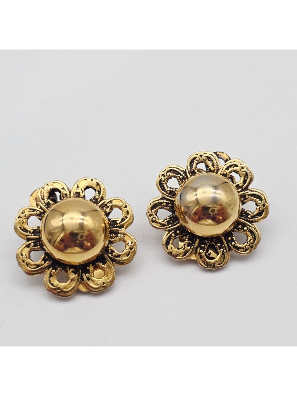 Vintage Gold-Tone Floral Clip-On Earrings With Filigree Design